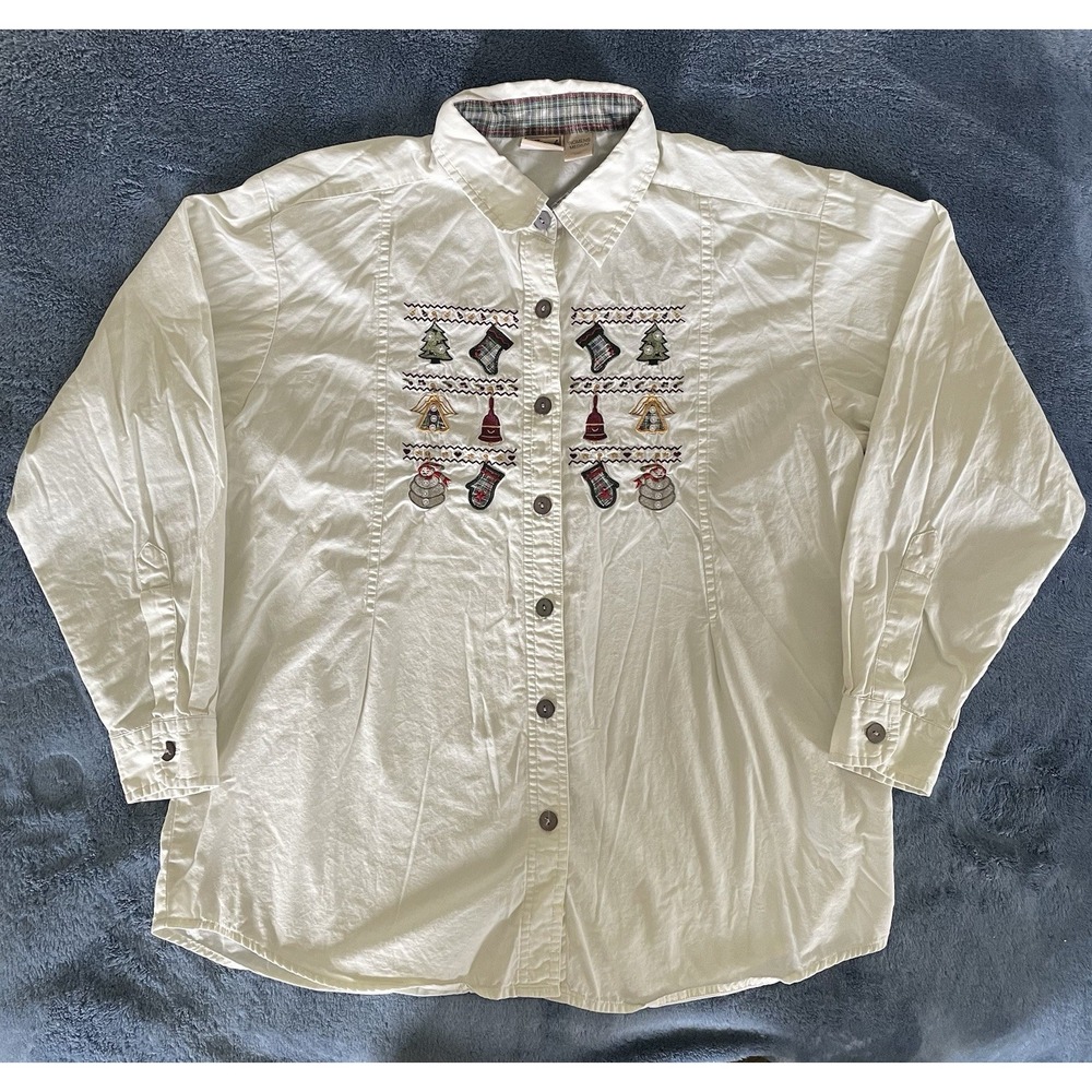 Woolrich‎ Cottagecore Christmas Embroidered White Long Sleeve Button Up Medium